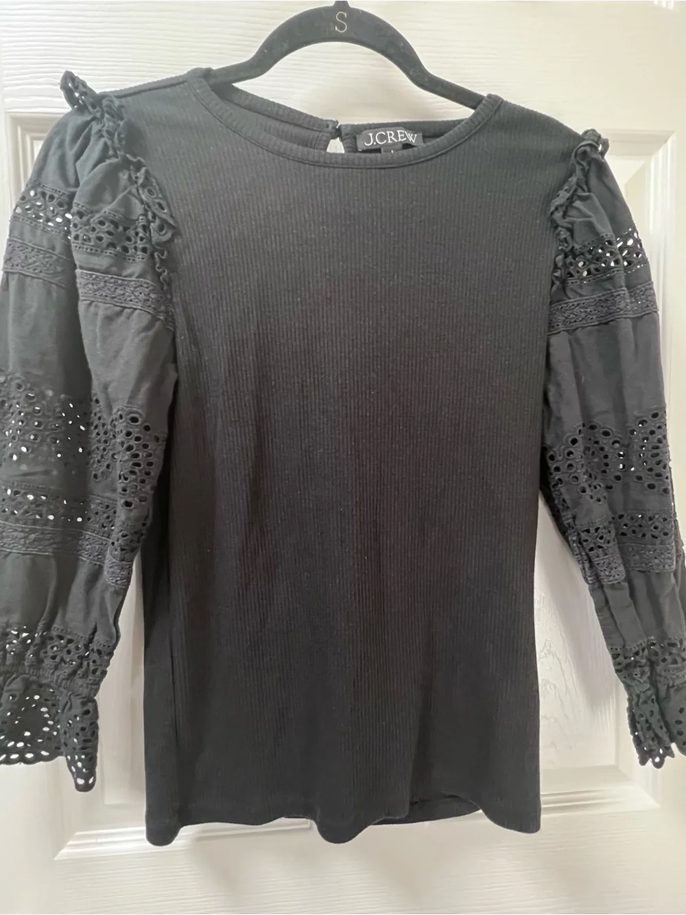 J. Crew Black Ribbed Knit Top with Eyelet Balloon Sleeves